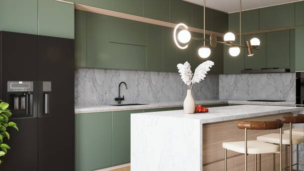 A modern kitchen featuring green cabinetry, a marble countertop, stylish pendant lights, and a minimalist aesthetic. 3d rendering.