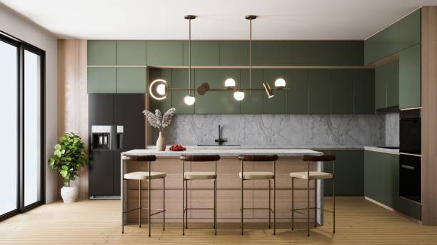 A modern kitchen with green cabinetry, a marble backsplash, stylish pendant lights, and a wooden island with bar stools, creating a welcoming atmosphere. 3d rendering interior dining area.