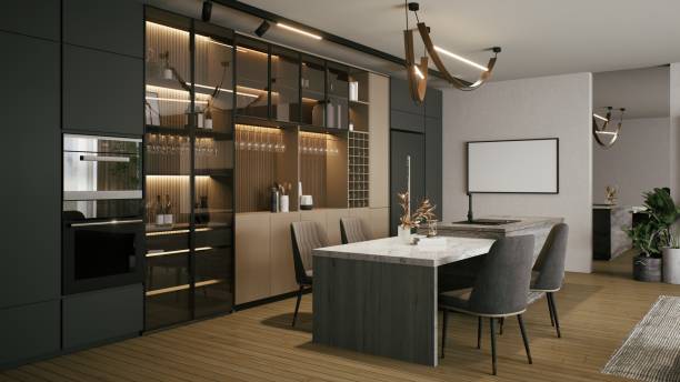 Modern kitchen featuring sleek cabinetry, elegant lighting, and a spacious dining area, combining functionality with contemporary design. 3d rendering.