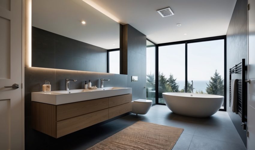 Minimal design interior of modern contemporary bathroom with sleek fixtures