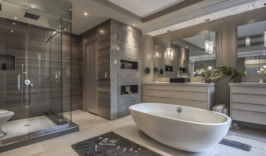 This ultramodern bathroom design boasts a refined and luxurious atmosphere, featuring a lavish stone-crafted freestanding tub as its centerpiece The spacious glass-enclosed walk-in shower, along with