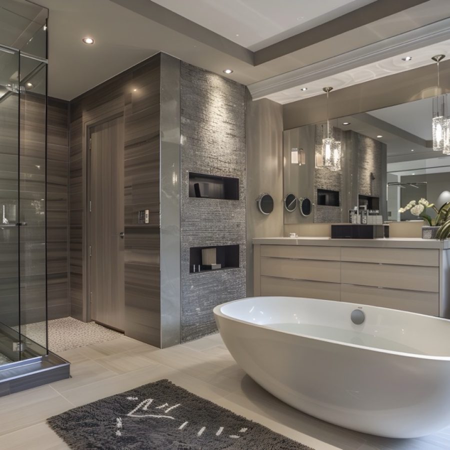 This ultramodern bathroom design boasts a refined and luxurious atmosphere, featuring a lavish stone-crafted freestanding tub as its centerpiece The spacious glass-enclosed walk-in shower, along with