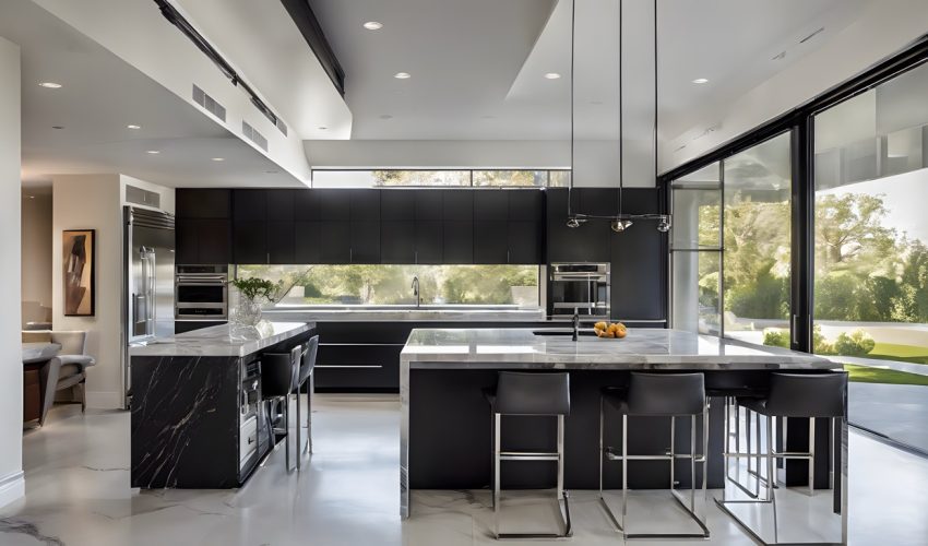 Sleek contemporary kitchen featuring a large marble island, matte black cabinets, and stainless-steel